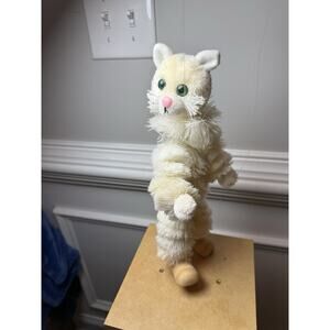 Vintage Plush Cat Marionette Puppet Wood Control Toy Cream Green Eyes